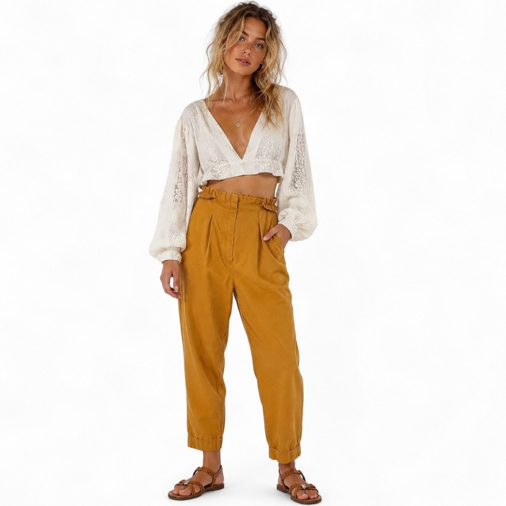Lefties Mustard Yellow High Waisted Paperbag Tapered Pants EUR 36